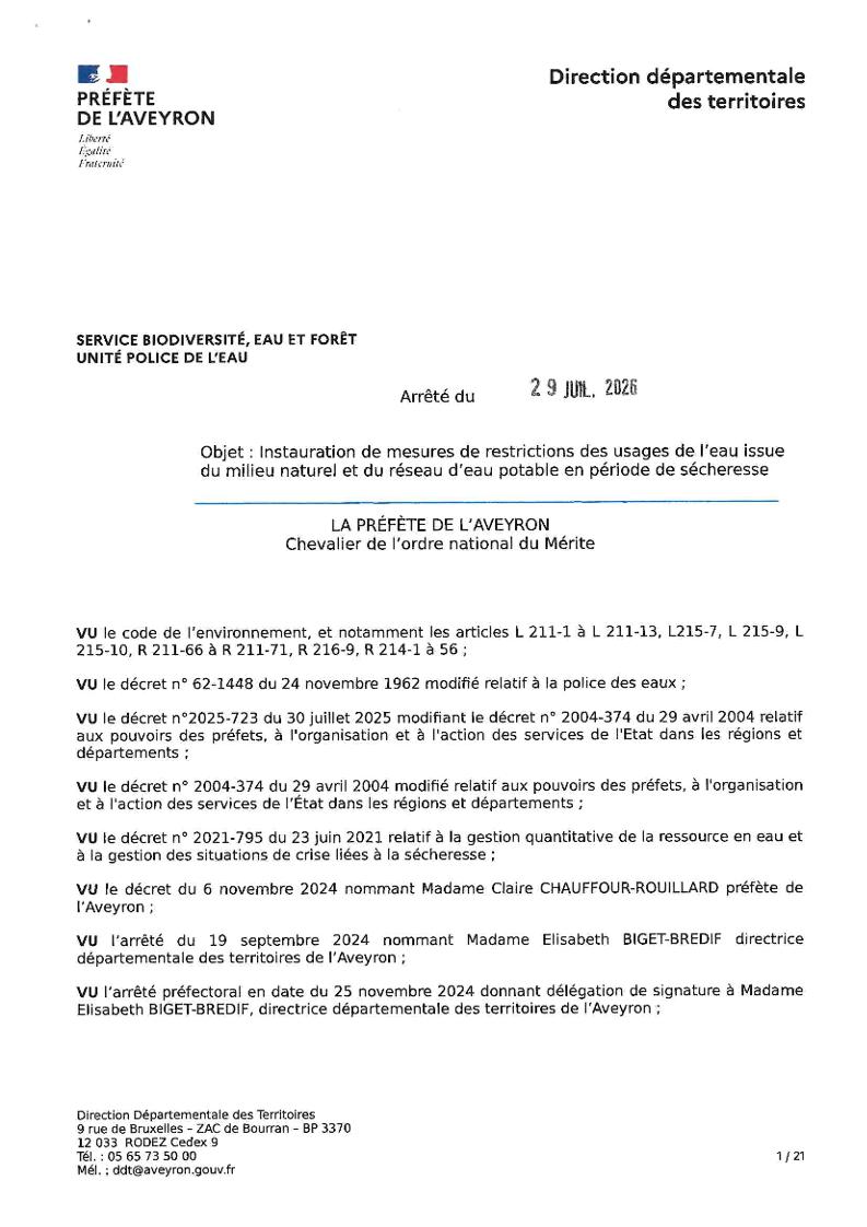 ARRETE RESTRICTIONS DES USAGES EN EAU MILIEU NATUREL ET EAU POTABLE EN PERIODE DE SECHERESSE