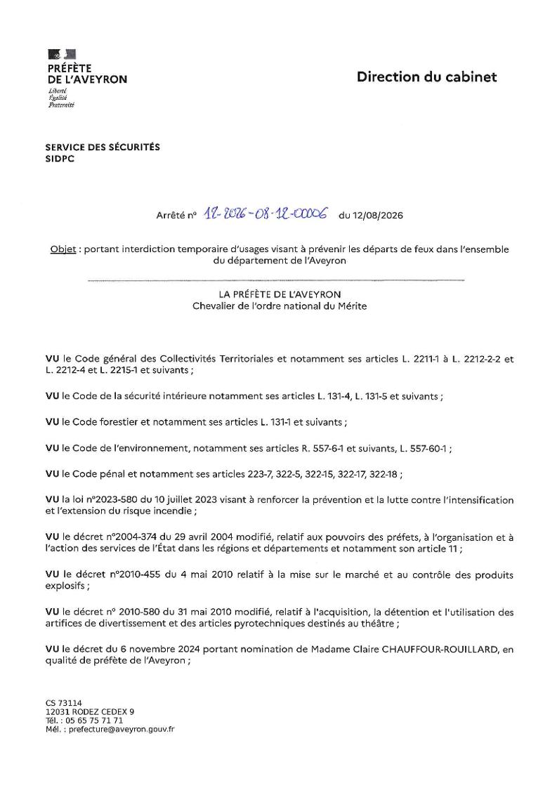 ARRETE PREFECTORAL PREVENTION DEPARTS DE FEUX DEPARTEMENT AVEYRON