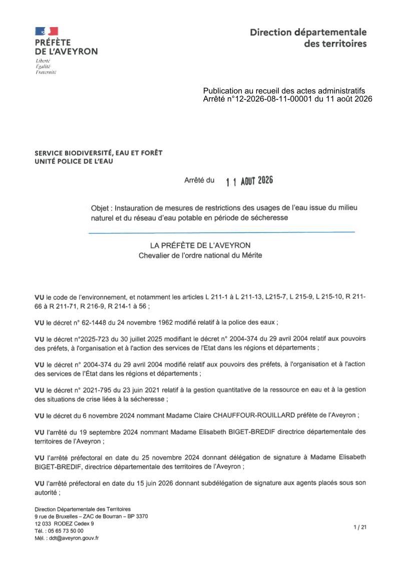 ARRETE RESTRICTIONS DES USAGES EN EAU MILIEU NATUREL ET EAU POTABLE EN PERIODE DE SECHERESSE